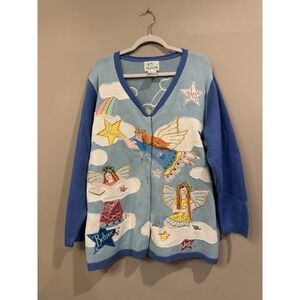 The Quacker‎ Factory Angel Cardigan Women 2X Blue Embroidered Fairycore Cottage